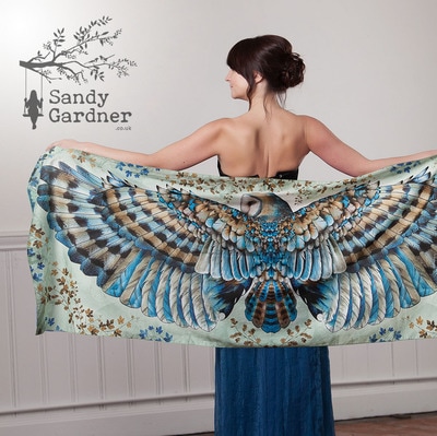 wing scarf, Sandy Gardner, Owl scarf, Owl gift, Barn Owl, British, Sandy Gardiner, 